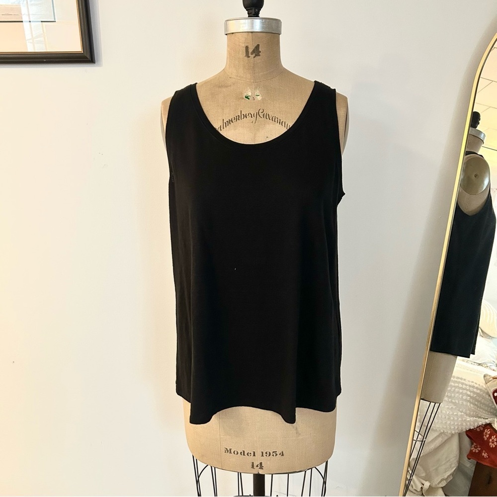 Eileen Fisher 100% Linen Jersey Black Scoop Neck Tank Sz Petite L